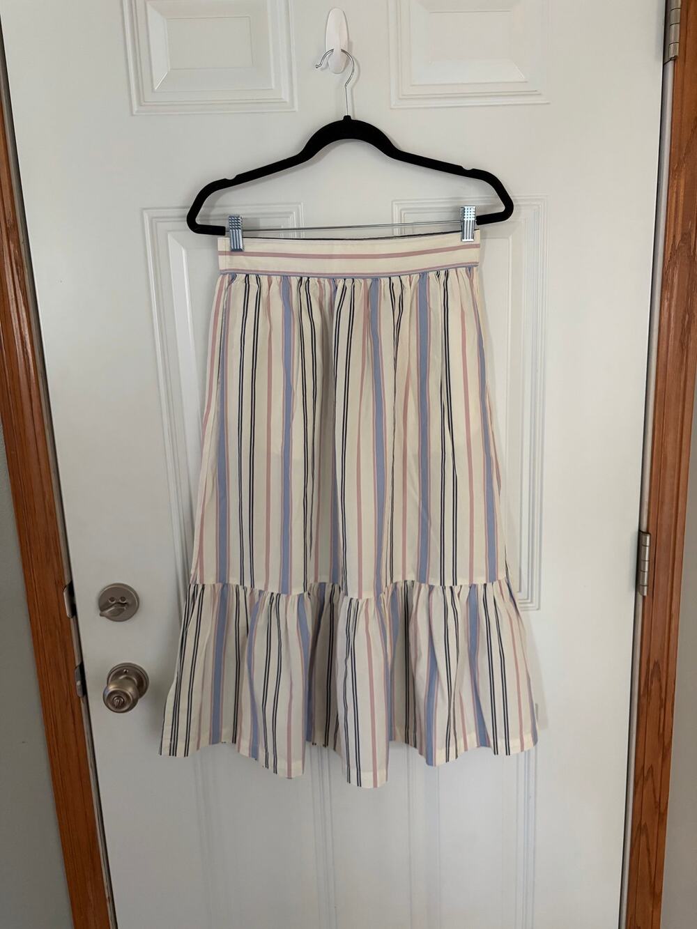 A New Day Cream Blue Pink Striped Tiered Midi Skirt Size Small
